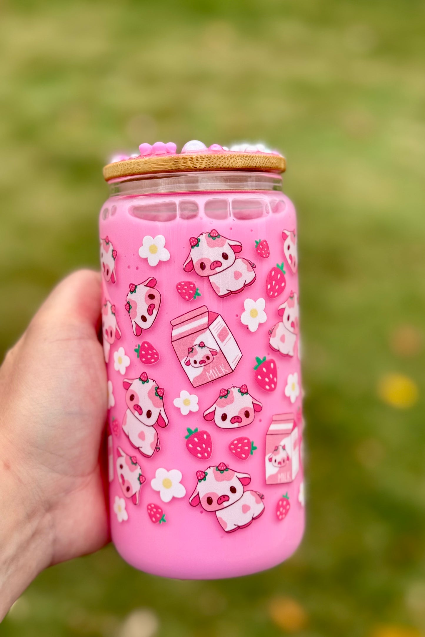 Custom Made Strawberry Milk Cow Themed Snowglobe Tumbler