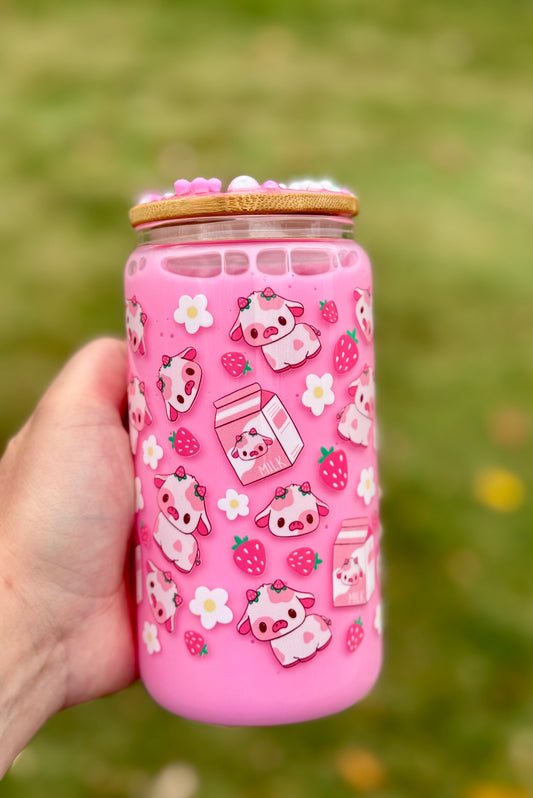 Custom Made Strawberry Milk Cow Themed Snowglobe Tumbler